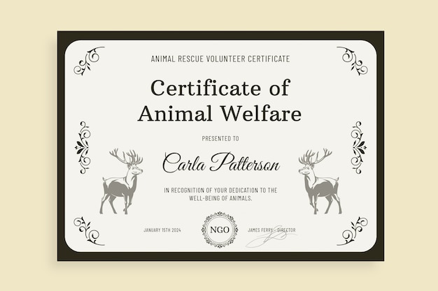 Vettore gratuito certificato di volontariato ornamentale ed elegante per il salvataggio degli animali