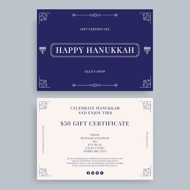 Free vector ornamental elle's shop happy hanukkah gift certificate