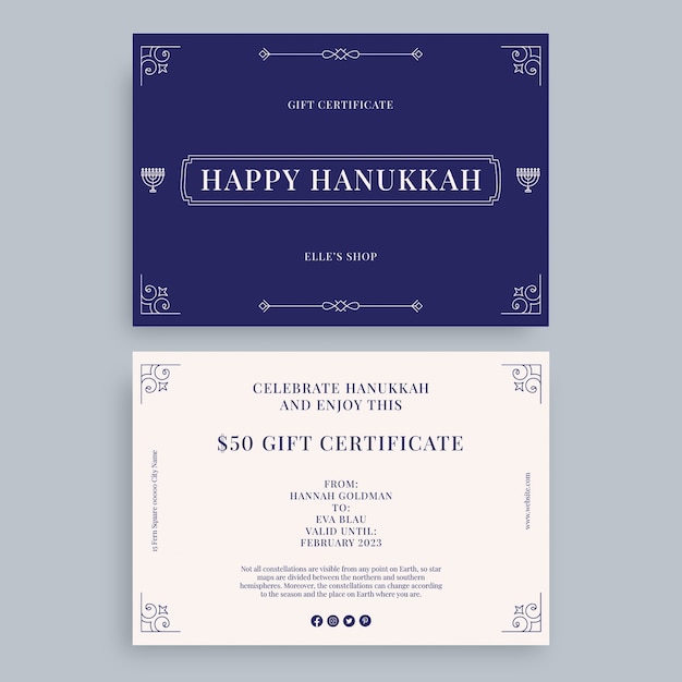 Free vector ornamental elle's shop happy hanukkah gift certificate