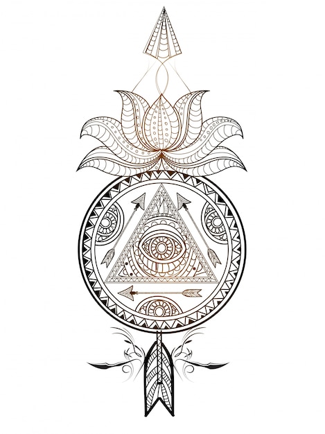  Ornamental floral Dream Catcher with lotus flower and arrow. Creative hand drawn ethnic decorative element. 