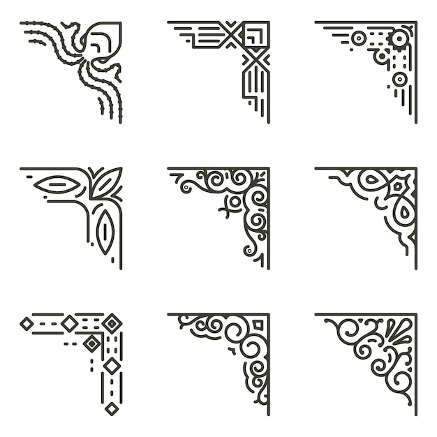 Free vector ornamental linear corners.   calligraphic line corners for vintage frames illustration