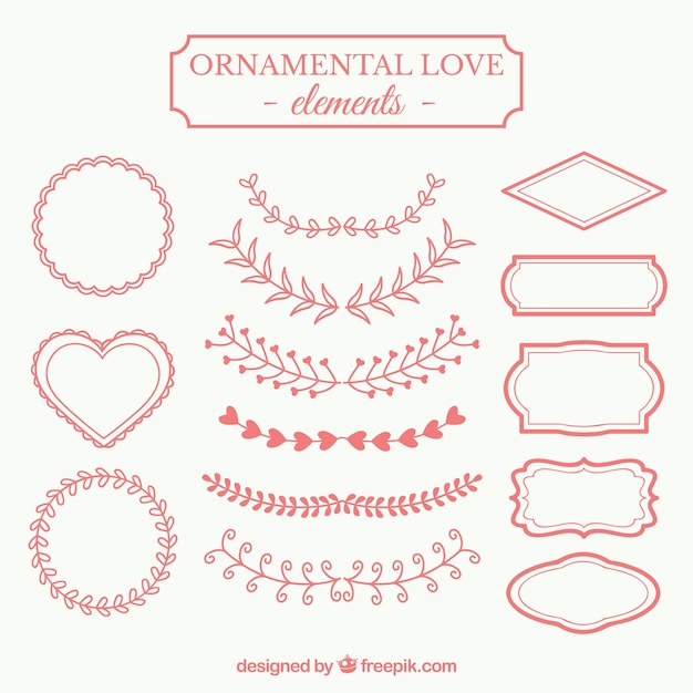 Elementi d'amore ornamentali in rosso