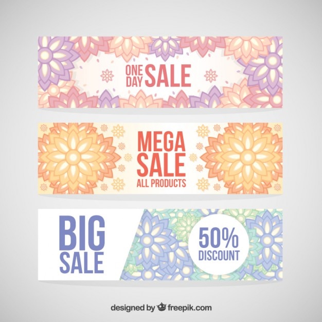 Ornamental sale banners in pastel tones