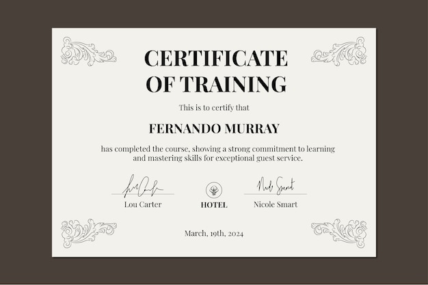 Free vector ornamental simple hotel training certificate