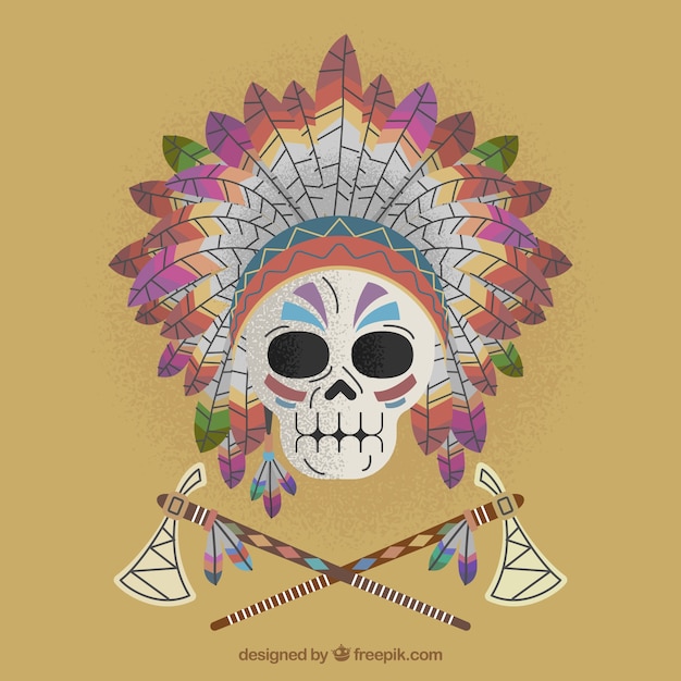 Ornamental skull with feathers and axes