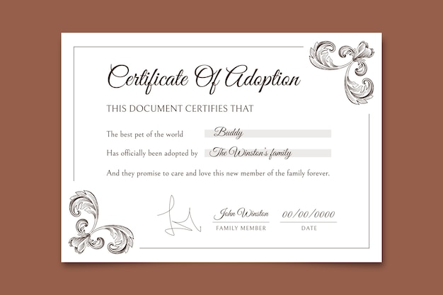 Ornamental vintage buddy adoption certificate template