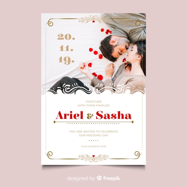 Ornamental wedding invitation template with photo