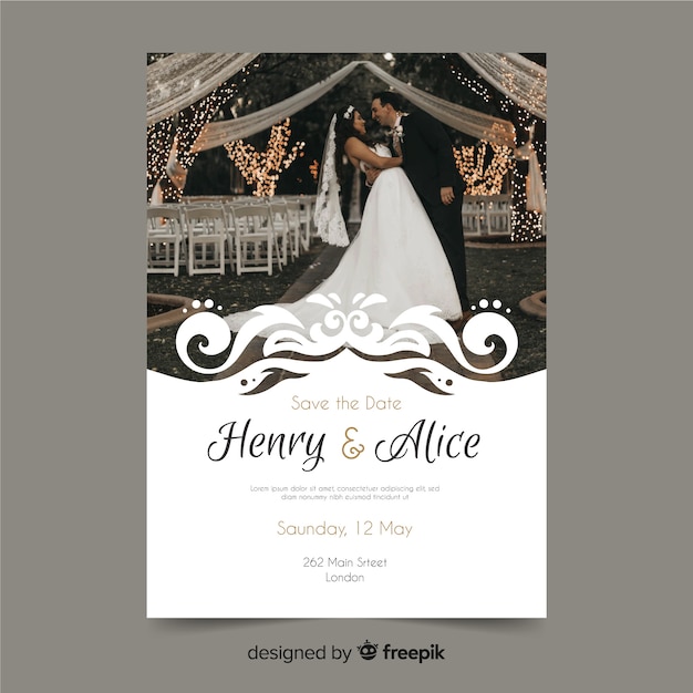 Ornamental wedding invitation template with photo