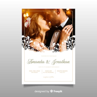 Ornamental wedding invitation template with photo