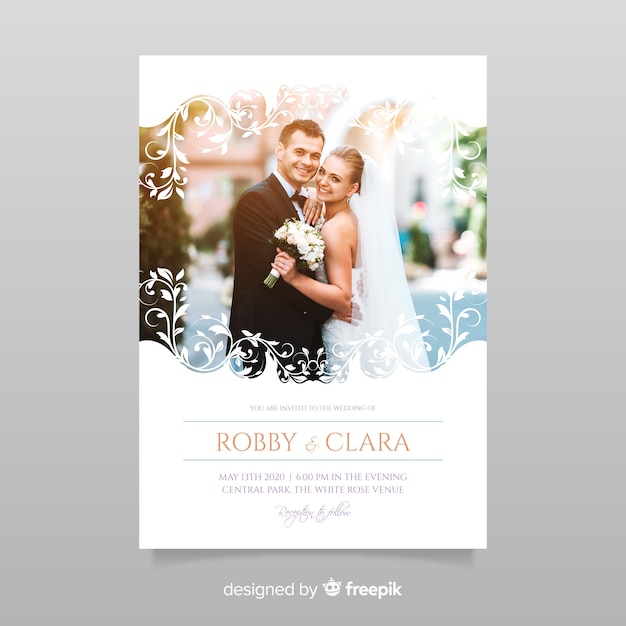 Ornamental wedding invitation template with photo