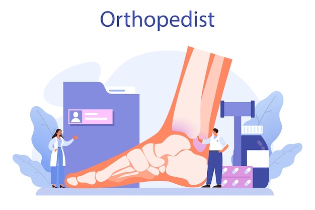 Orthopedics doctor Idea of joint and bone treatment Human anatomy and bone structure Arthroplasty and prosthetics Vector illustration in cartoon style