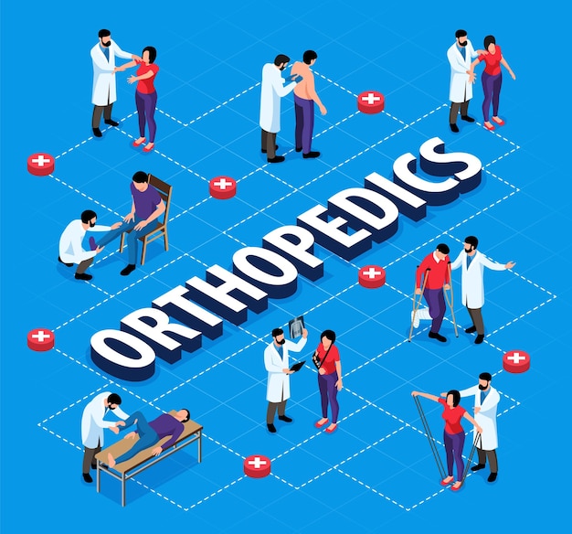 Orthopedics isometric flowchart with orthopedists examining people with injury