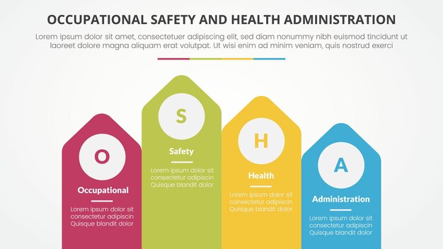 osha The Occupational Safety and Health Administration template infographic concept for slide presentation with arrow shape on rectangle with top direction 4 point list with flat style vector