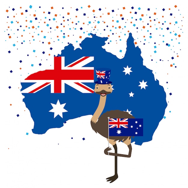 Struzzo con bandiera australiana e coriandoli