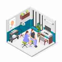 Free vector otolaryngologists office isometric composition with doctor examining ear of patient isolated vector illustration