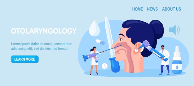 Otolaryngology concept. ent doctor treating diseases of ear, nose, throat and neck. otolaryngologist with medical instrument examines patient. otoscopy procedure. nasopharynx, sinuses, ear specula