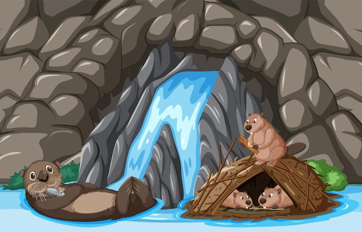 Free Vector otter family by the waterfall home