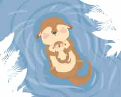Free vector otter mom with baby card