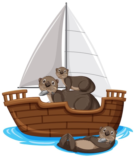 Otters on a ship in cartoon style