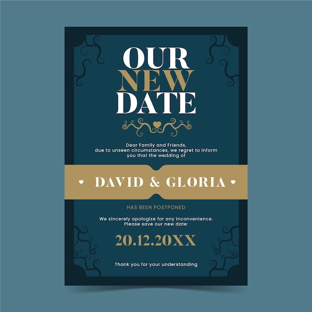 Free vector our new date typographic postponed wedding card