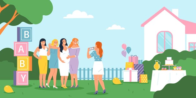 Free vector outdoor baby shower party with happy expecting mother and her friends taking photos flat vector illustration