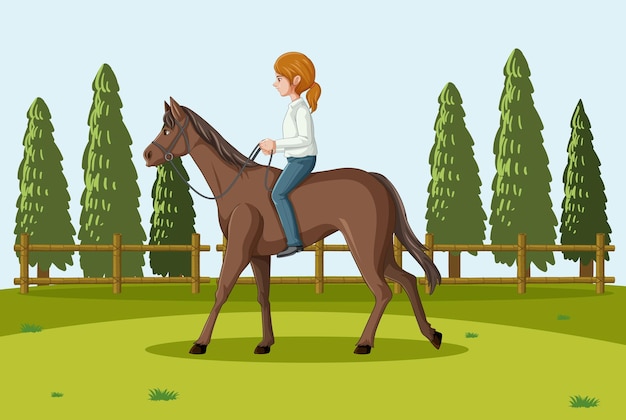 Outdoor background with a woman riding horse