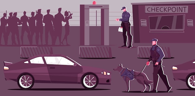 Free vector outdoor border inspection post with pedestrians and automobiles illustration