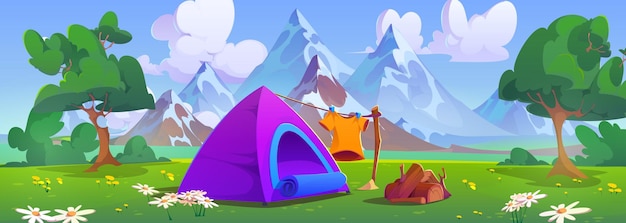 Free vector outdoor camping near mountains with tent