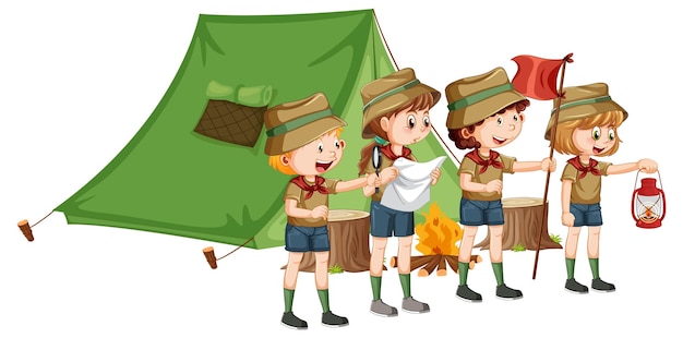 스카우트 아이들과 야외 캠핑