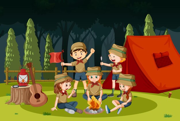 Outdoor camping with scout kids