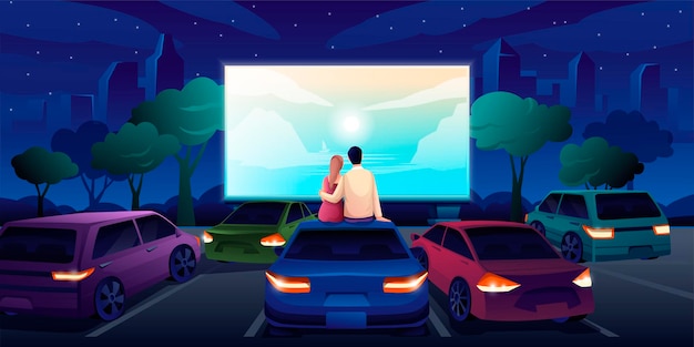 Premium Vector | Outdoor cinema open air movie night screen with film outdoor theatre and people sitting in cars at festival couple at car roof