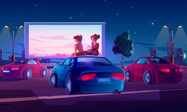 Outdoor cinema, open air movie theater with cars