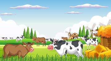 Outdoor cow farm scene with happy animals cartoon