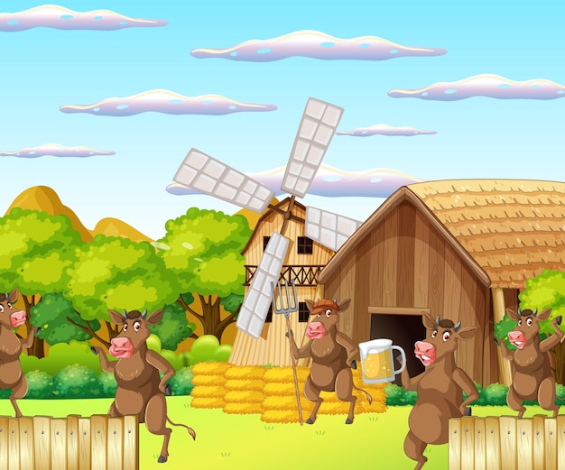 Free vector outdoor cow farm scene with happy animals