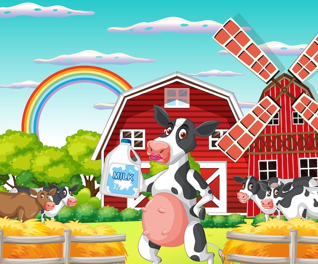 Сцена на коровьей ферме на открытом воздухе со счастливыми животными