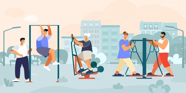 Outdoor exercise machines composition with urban park landscape with houses and public workout equipment with people illustration