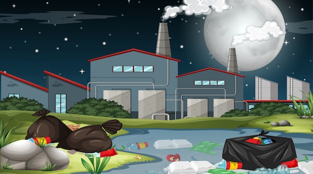 Бесплатное векторное изображение Наружная фабричная сцена с мусором