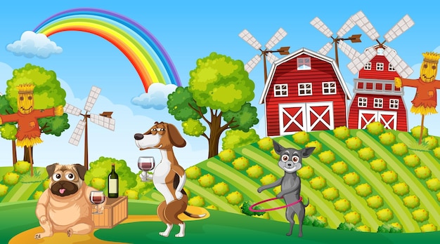 Free vector outdoor farm scene with cartoon dogs