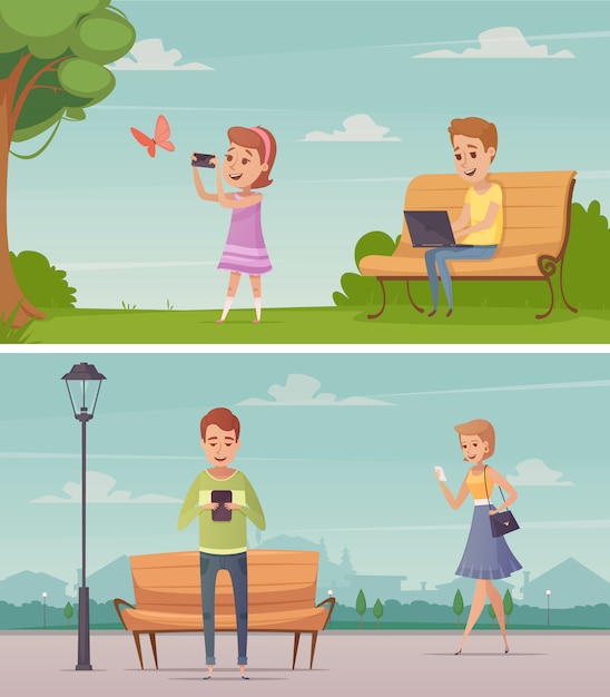 Free vector outdoor horizontal compositions with girl photographing butterfly and young men looking at screen of