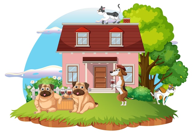 家畜漫画と屋外の家のシーン