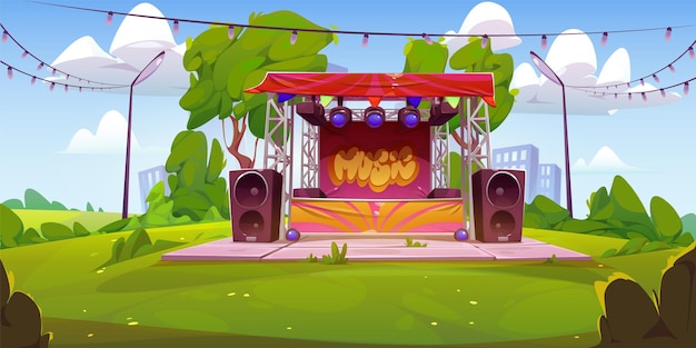 Free vector outdoor music festival stage in summer park vector illustration open air public party or concert event activity entertainment in city garden disco tent in green grass with streetlight design