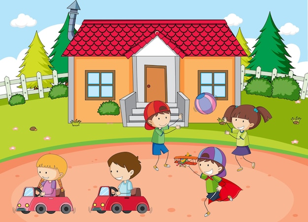 Free vector outdoor park scene with many kids