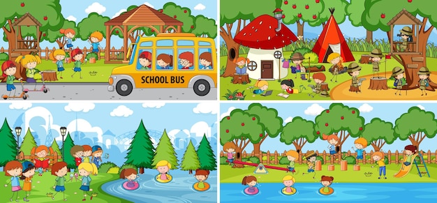 Outdoor scene set with many kids doodle cartoon character