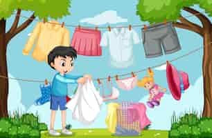 Vettore gratuito scena all'aperto con un ragazzo che appende i vestiti sui fili del bucato