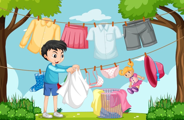 Outdoor scene with a boy hanging clothes on clotheslines