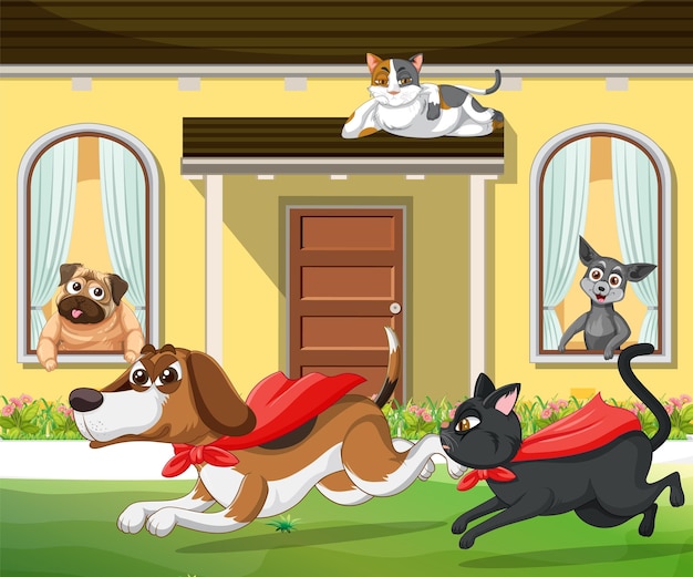 Outdoor scene with cartoon cats and dogs