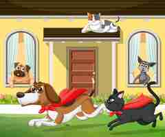 Vettore gratuito scena all'aperto con cani e gatti dei cartoni animati