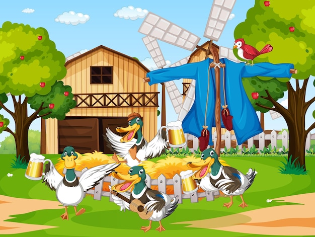 Outdoor scene with cartoon ducks