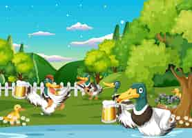 Free vector outdoor scene with cartoon ducks