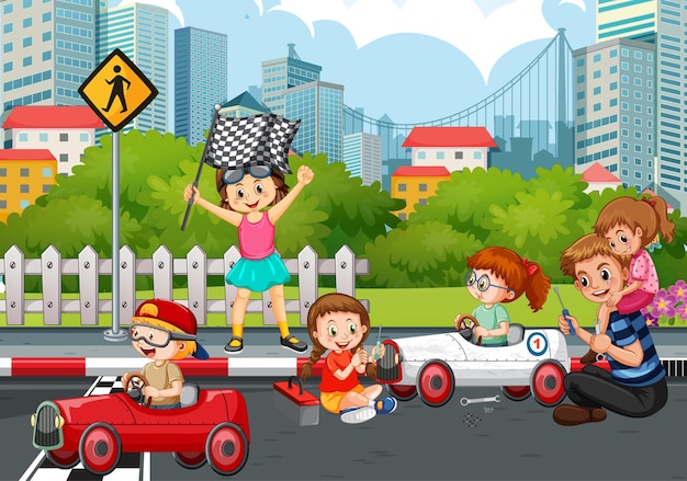 Сцена на открытом воздухе с детским гоночным автомобилем